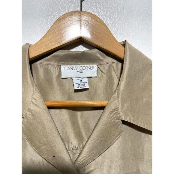Casual Corner silk button up shirt neutral chapman brown minimalist women M - Picture 3 of 5